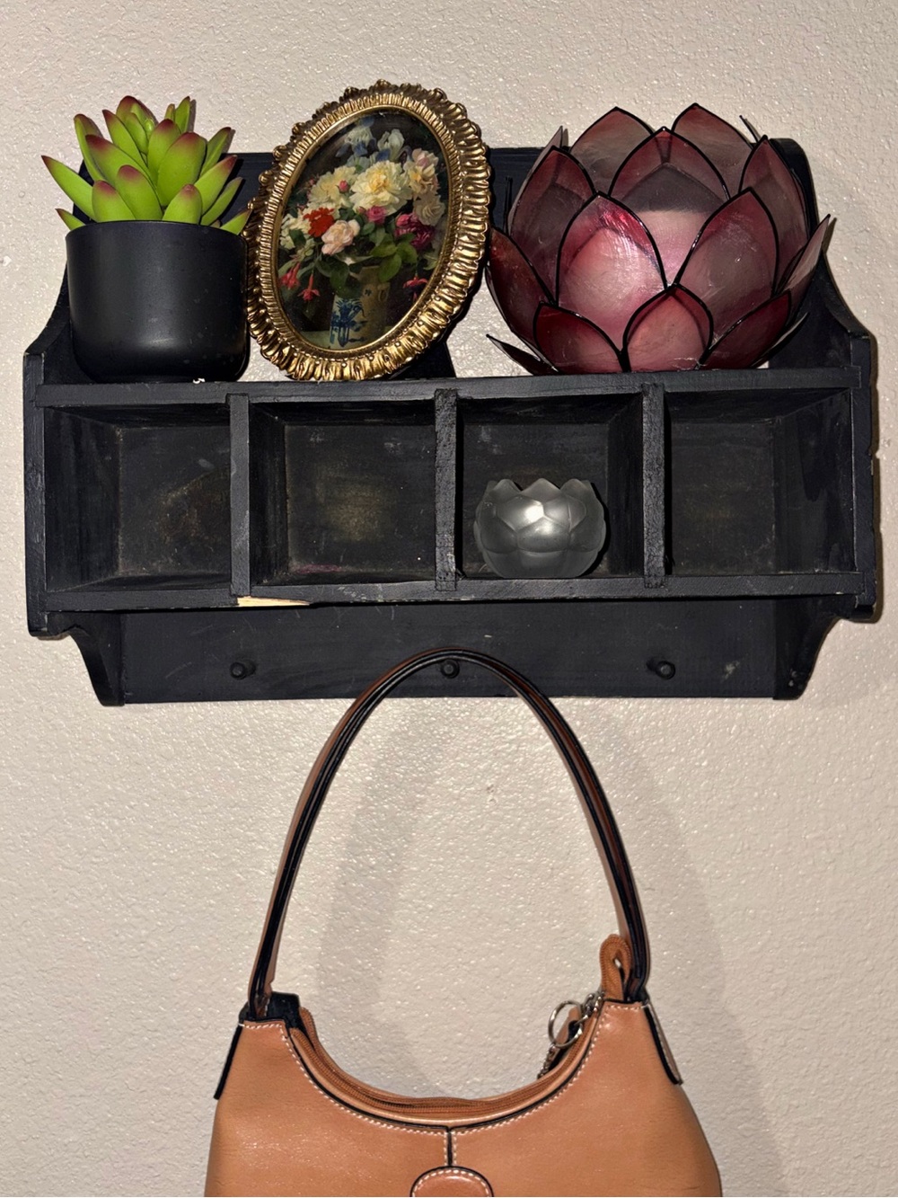Wooden Wall Shelf with Cubbies & Pegs